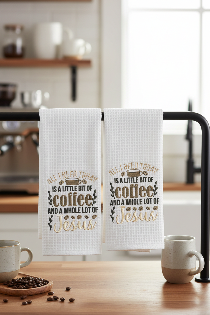 Coffee and Jesus embroidered kitchen towels hanging in coffee bar