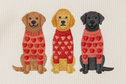 White sweatshirt with Valentine pups embroidery featuring three dogs in heart sweaters