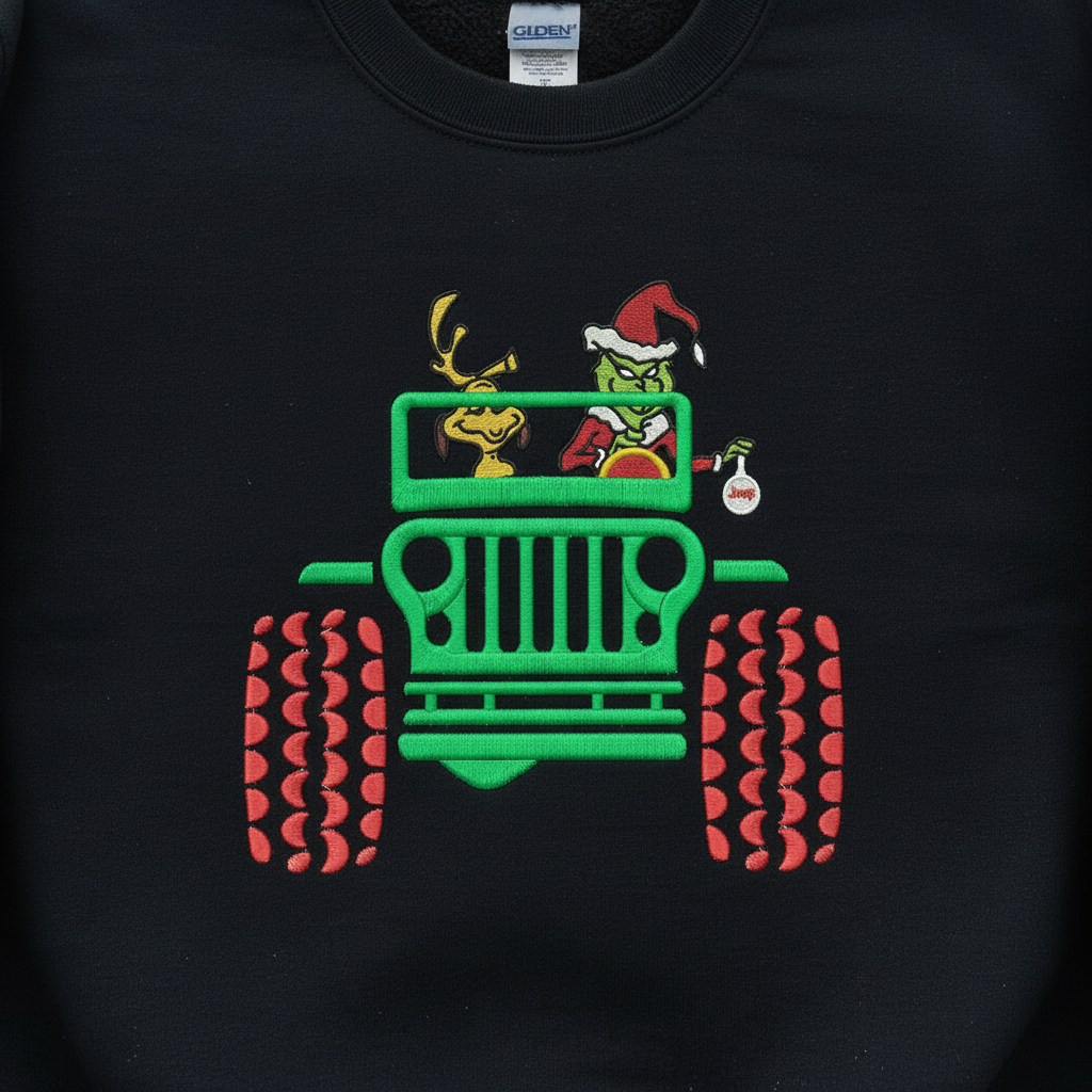 Grinch Jeep Christmas Embroidered Sweatshirt