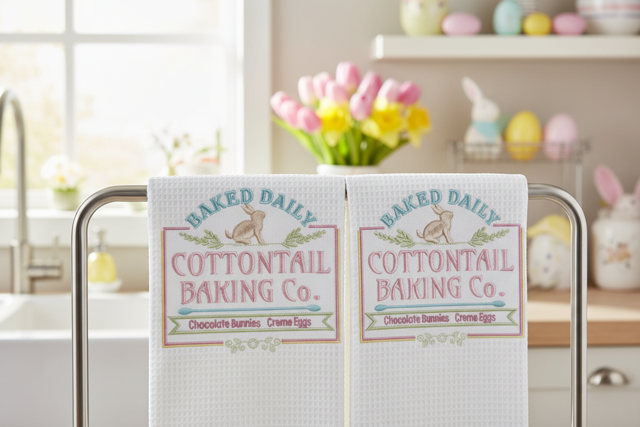 Two white waffle weave kitchen towels with Cottontail Baking Co. embroidery folded over towel bar in Easter kitchen