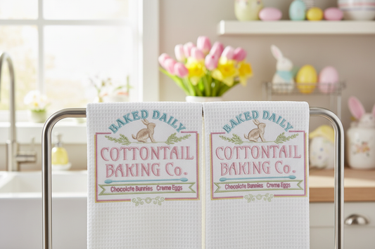Two white waffle weave kitchen towels with Cottontail Baking Co. embroidery folded over towel bar in Easter kitchen