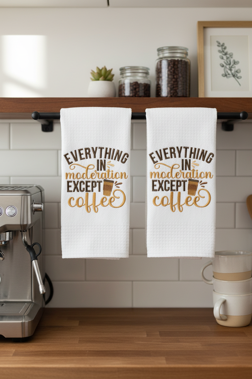 Everything in Moderation Except Coffee embroidered kitchen towels in coffee bar setting