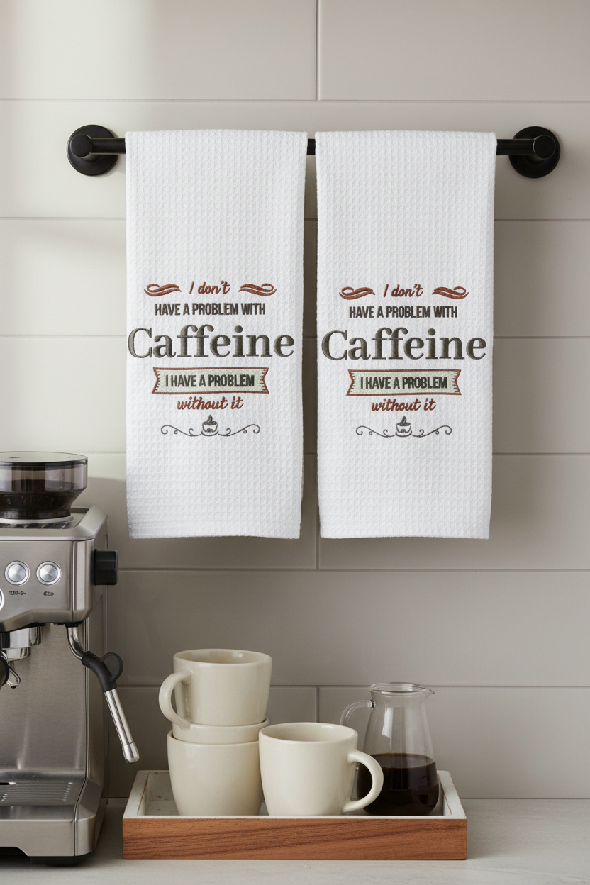I Don't Have A Problem With Caffeine embroidered kitchen towels in coffee bar