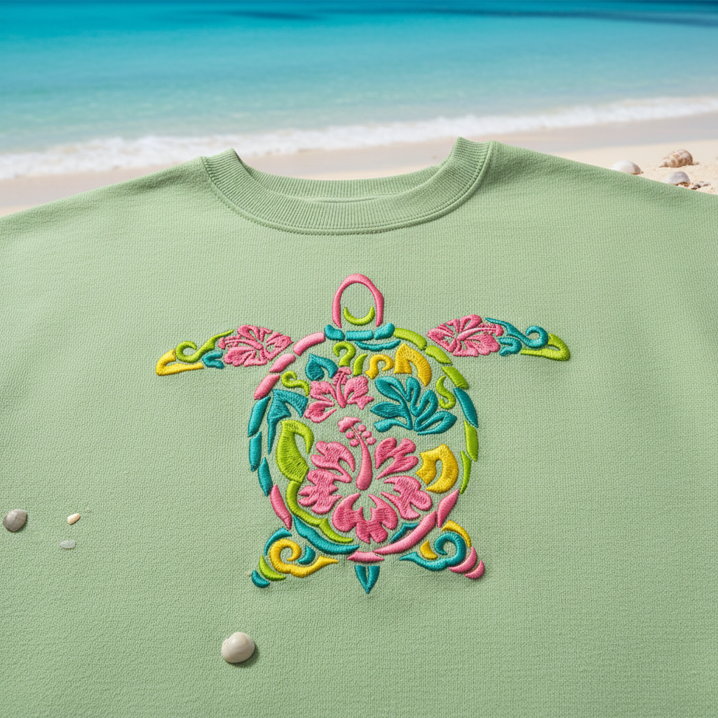 Light green sweatshirt with floral sea turtle embroidery