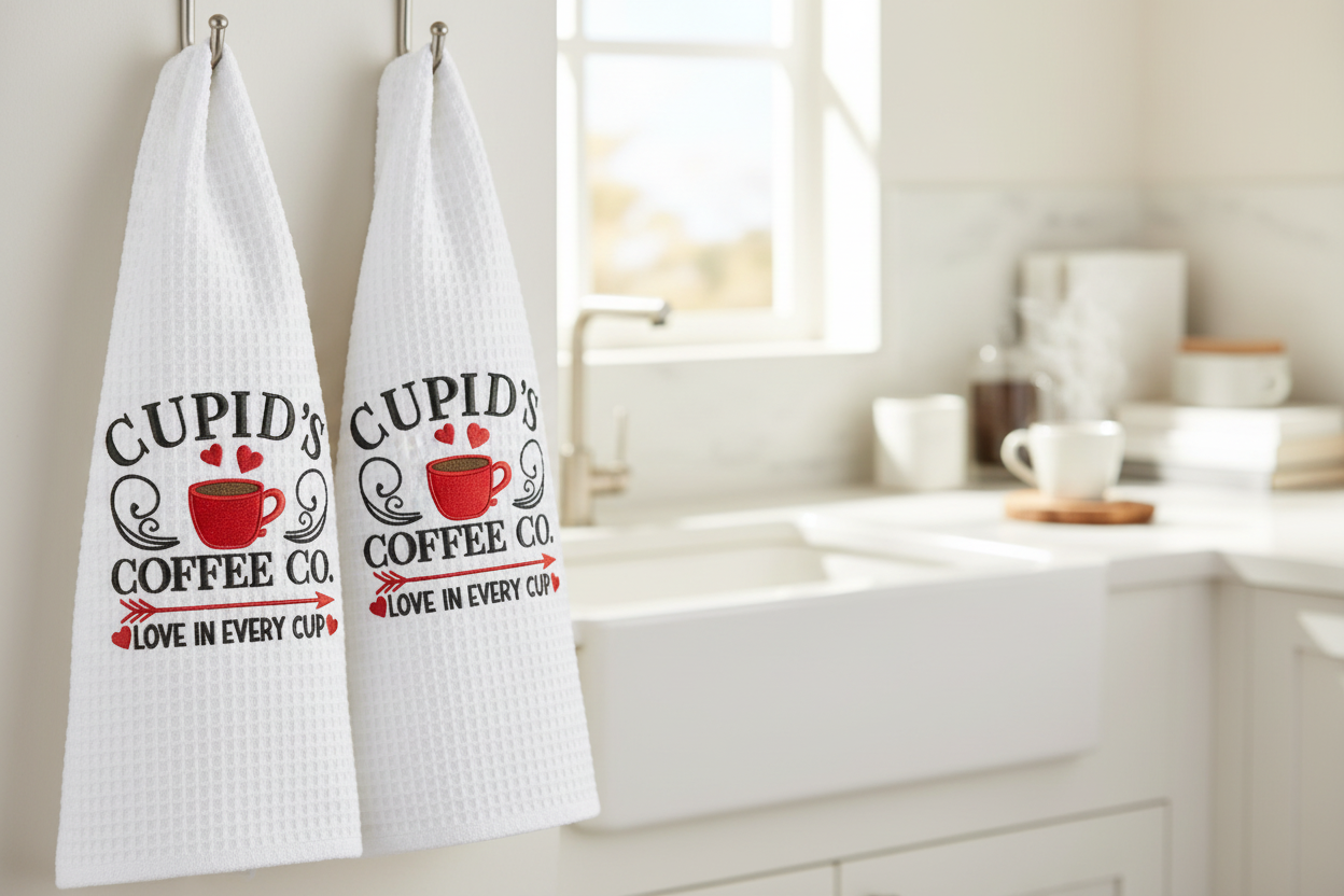 White waffle weave kitchen towels with Cupid's Coffee Co. embroidery in kitchen setting