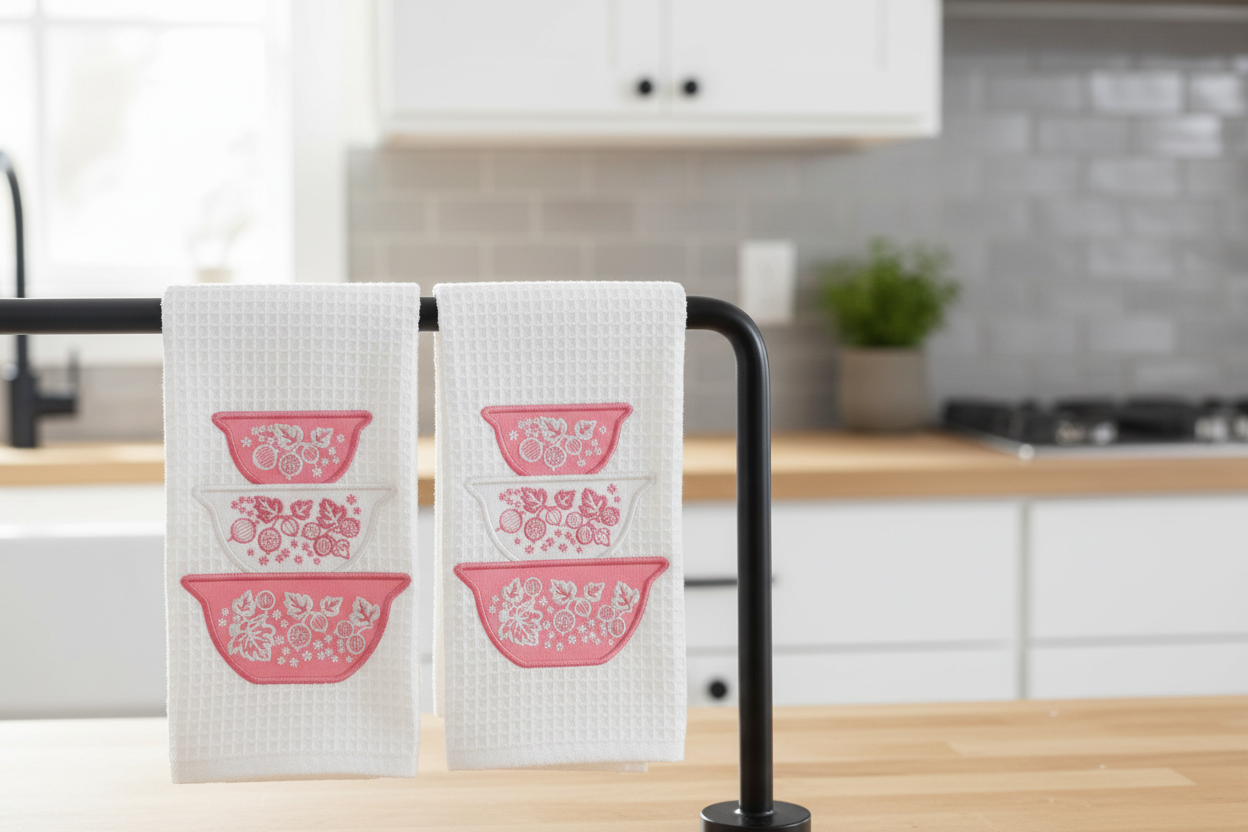 Pink gooseberry embroidered kitchen towels folded and hanging in kitchen