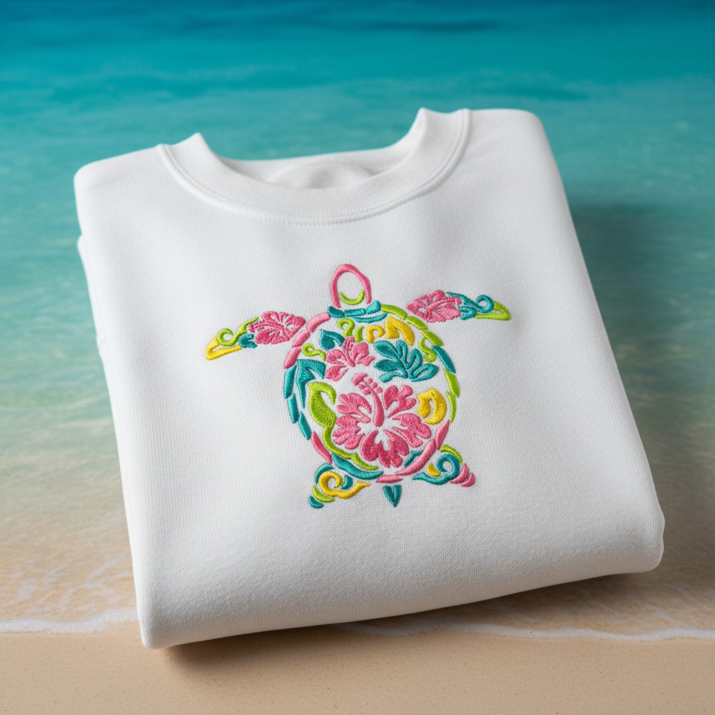 White sweatshirt with floral sea turtle embroidery
