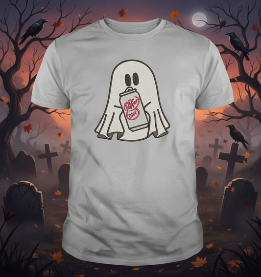 Halloween Embroidered Ghost holding a can of Diet Dr. Pepper