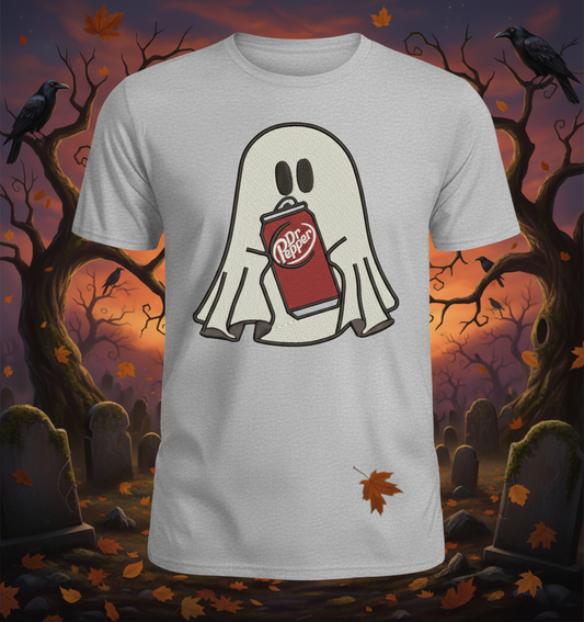 Halloween Embroidered Ghost holding a can of Dr. Pepper