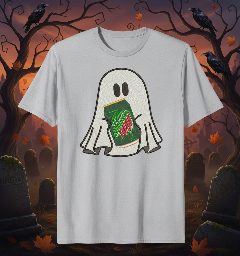 Halloween Embroidered Ghost holding a can of Mountain Dew