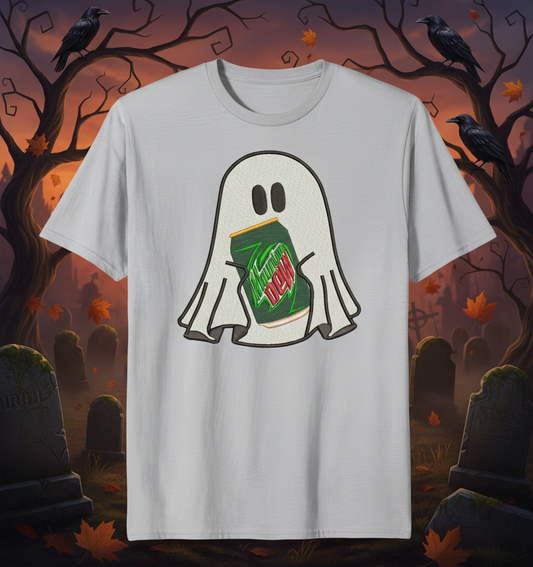 Halloween Embroidered Ghost holding a can of Mountain Dew