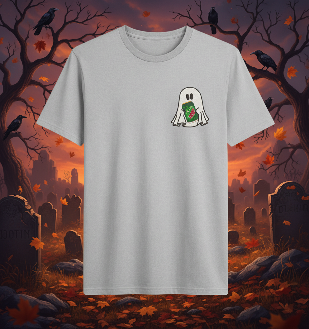 Halloween Embroidered Ghost holding a can of Mountain Dew