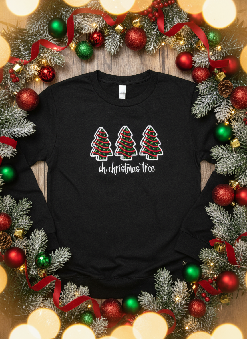 Oh Christmas Tree Embroidered Crew Neck Long Sleeve T-Shirt