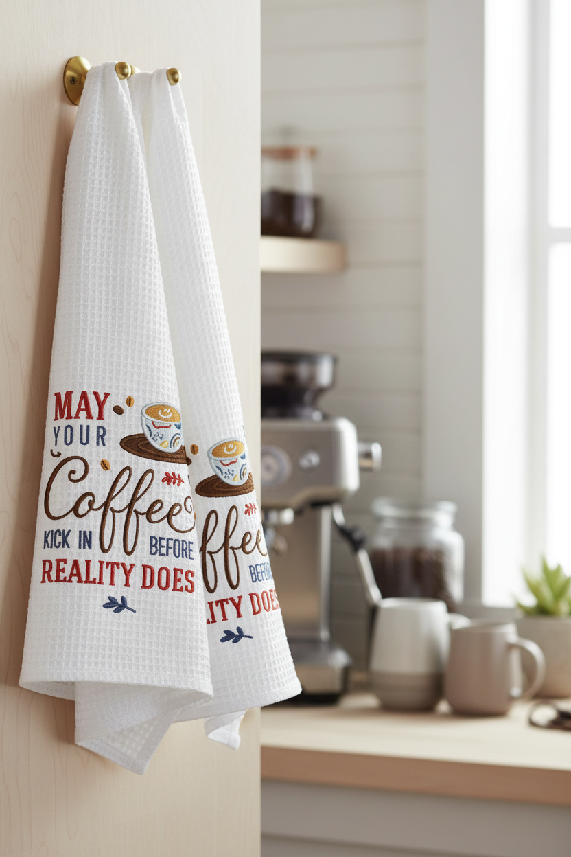 May Your Coffee Kick In Before Reality Does kitchen towels in coffee bar