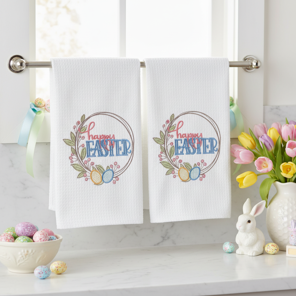 Pair of Happy Easter embroidered kitchen towels hanging together