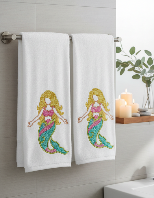 Mermaid Embroidered Hand Towels - Set of 2