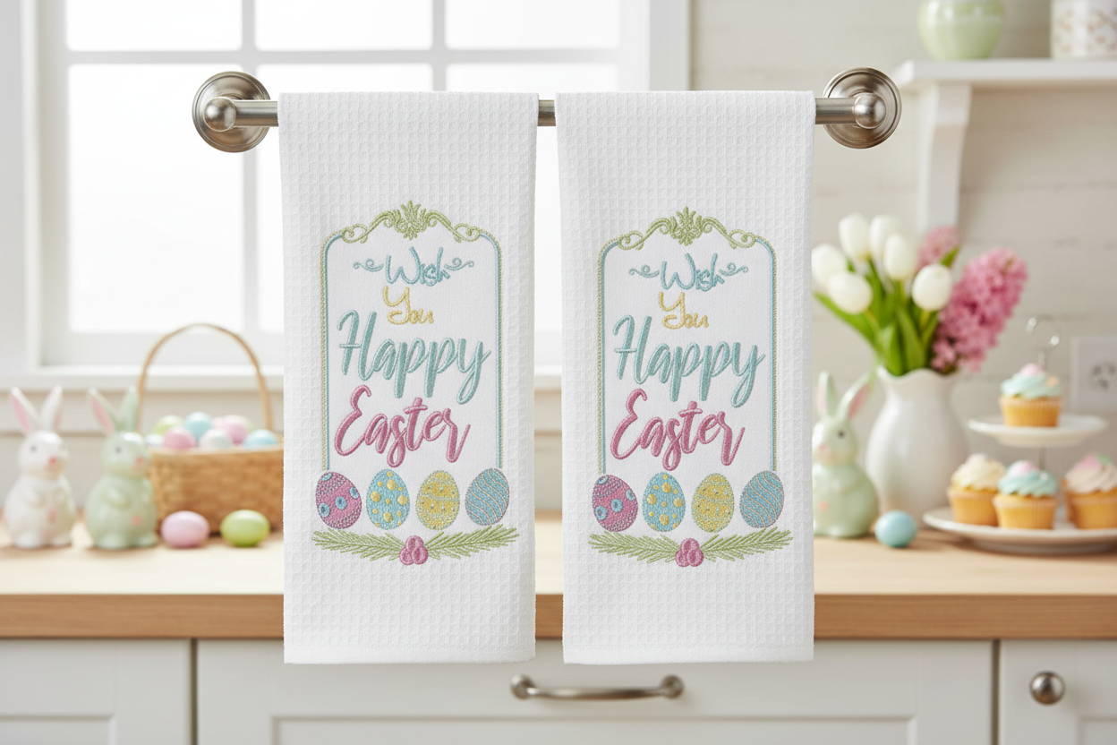 Wish You a Happy Easter Embroidered Kitchen Towels - Set of 2