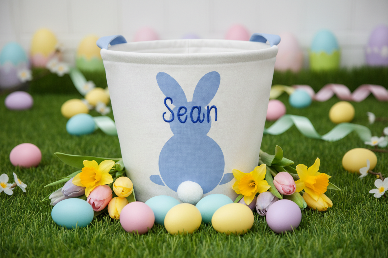 Personalized Embroidered Canvas Printed Bunny Bucket with Fluffy Tail