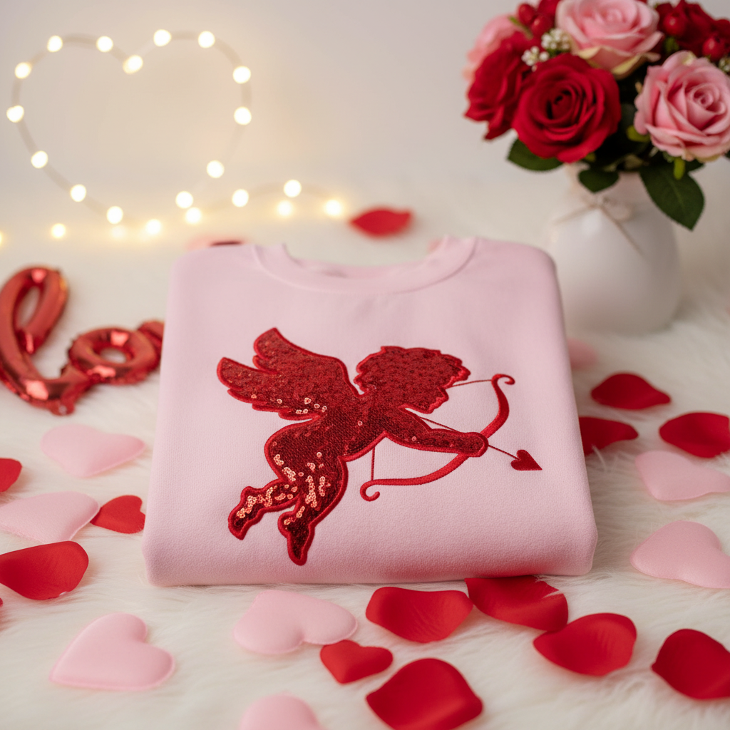 Pink sweatshirt with sequined cupid on Valentine's Day background