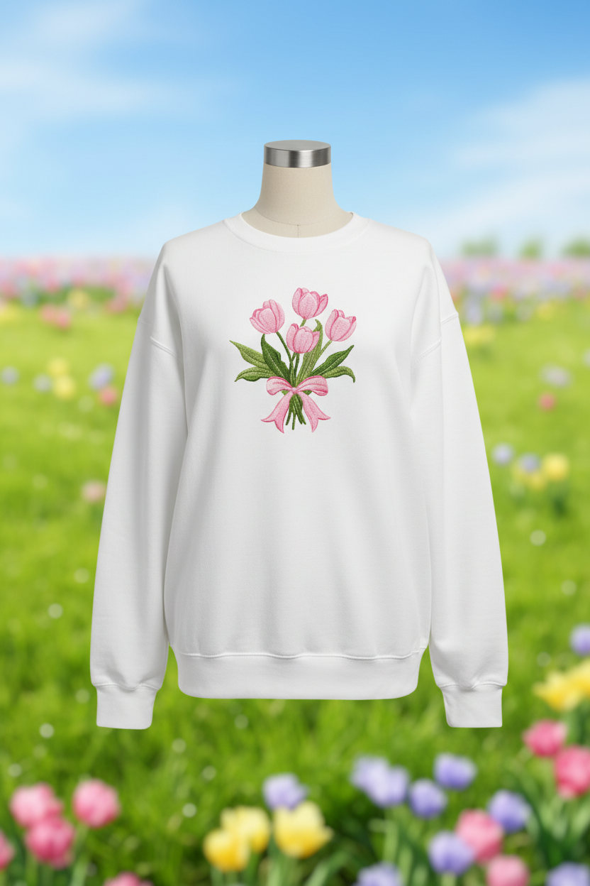 Embroidered Pink Tulips Bouquet Sweatshirt
