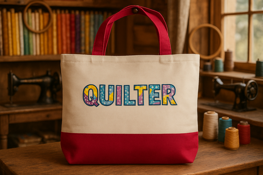 Quilter Embroidered Tote Bag - Patchwork Style Canvas Bag for Quilting Enthusiasts
