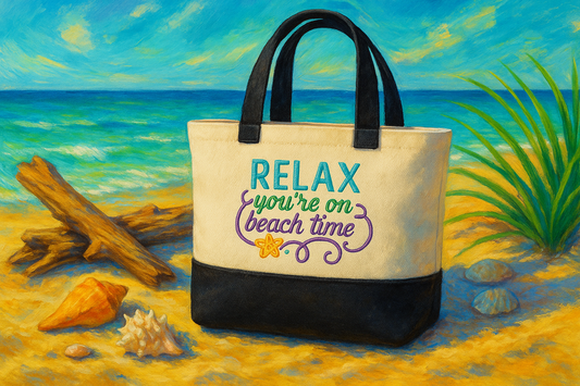 Relax You're on Beach Time Embroidered Tote Bag - Beach Vacation Gift