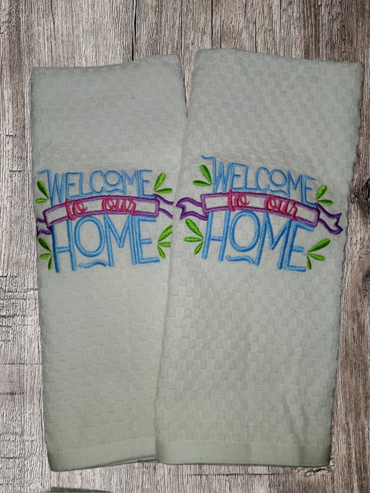 Embroidered "Welcome to Our Home" kitchen towel set