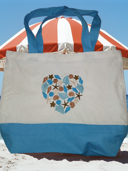 Embroidered Bag with Seashells and Starfish - Turquoise Accents