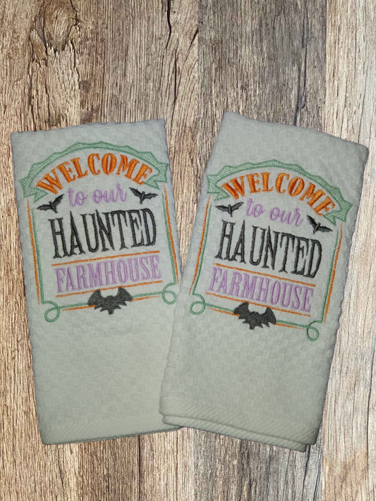 👻 Welcome to Our Haunted Farmhouse – Embroidered Kitchen Towel Set