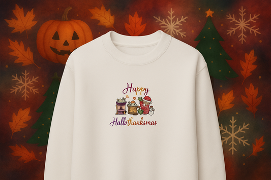 Happy Hallothanksmas Embroidered Sweatshirt - Holiday Themed