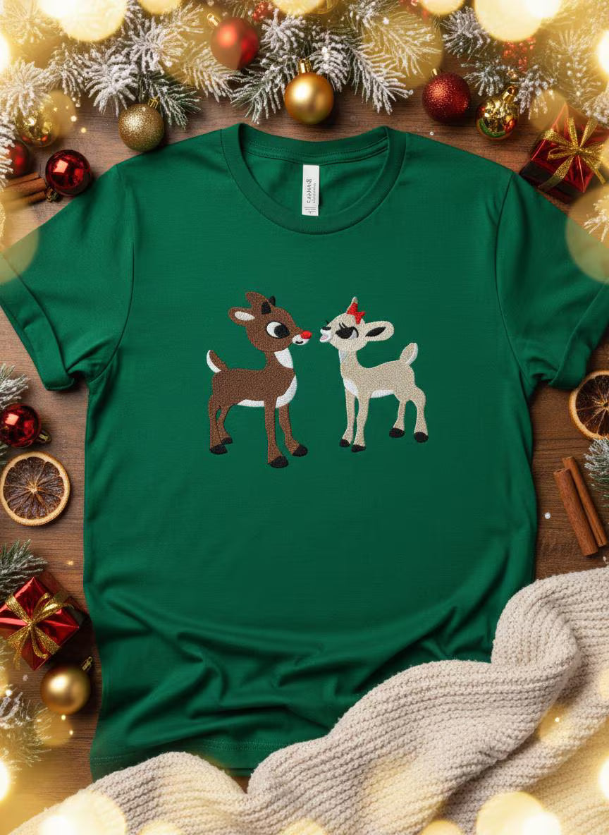 Rudolph and Clarice Embroidered T-Shirt - Available in White, Blue & Green