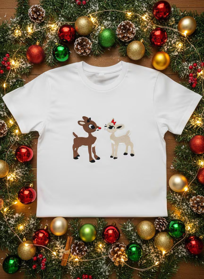 Rudolph and Clarice Embroidered T-Shirt - Available in White, Blue & Green