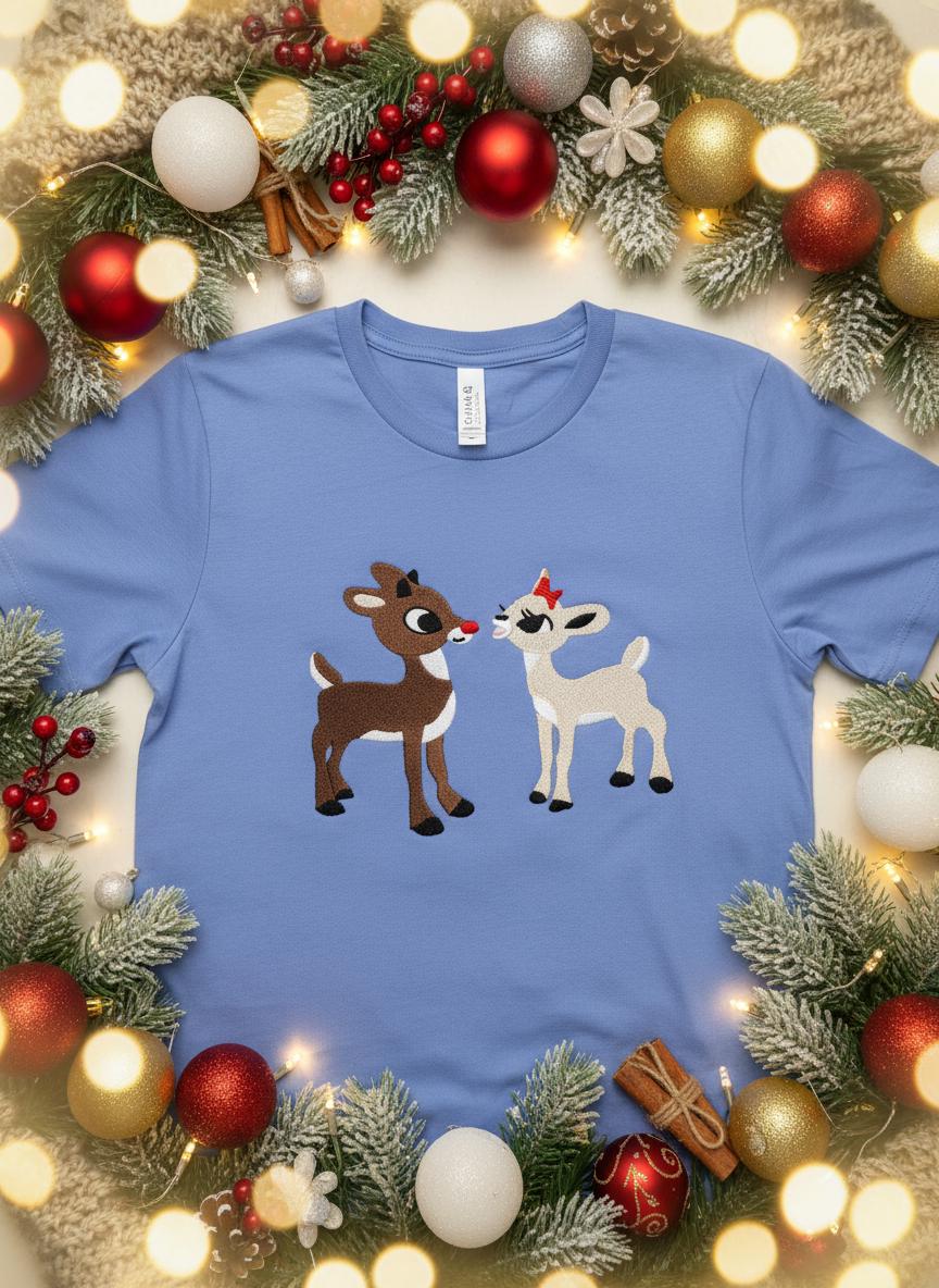 Rudolph and Clarice Embroidered T-Shirt - Available in White, Blue & Green