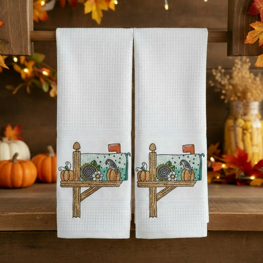 🍂 Autumn Mailbox Embroidered Waffle Weave Kitchen Towels (Set of 2) 🎃