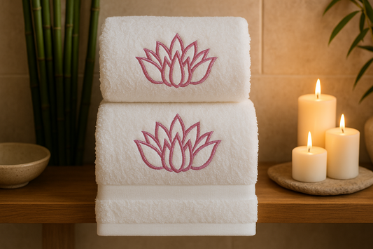🪷 Luxury Embroidered Lotus Towel - White with Pink Lotus Design - Set of 2 ✨