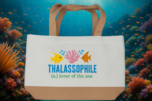 Thalassophile Embroidered Tote Bag - Ocean Lover Canvas Bag with Sea Life Design