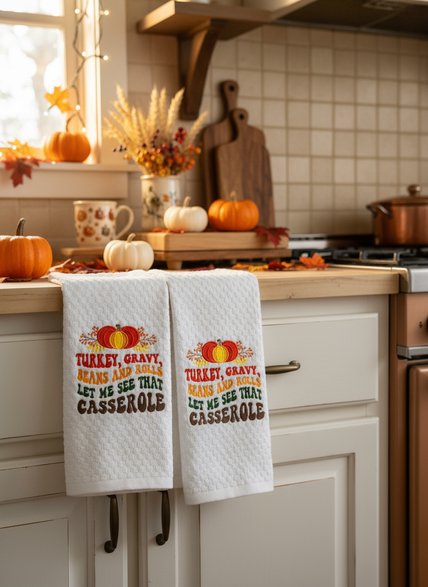 🦃 Thanksgiving Kitchen Towels Set - Turkey Gravy Casserole Embroidered Waffle Weave Towels 🍂
