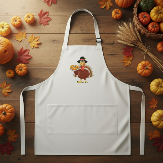Thanksgiving Turkey Apron - White Bib Apron with Dual Pockets