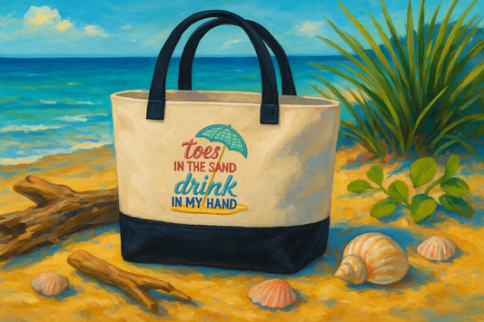 Toes in the Sand Drink in My Hand Embroidered Tote Bag - Beach Vacation Gift
