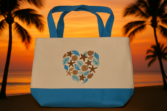 Ocean Heart Embroidered Tote Bag - Beach Themed Canvas Bag