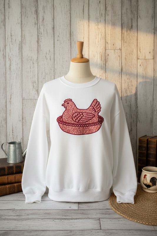Vintage Charm: Glass Hen on a Nest Embroidered Sweatshirt 🐔✨