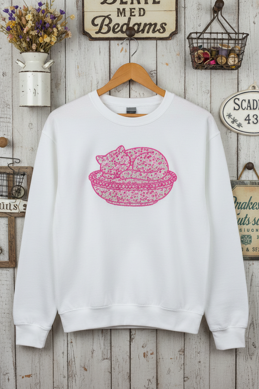Vintage Charm: Glass Cat on Nest Embroidered Sweatshirt