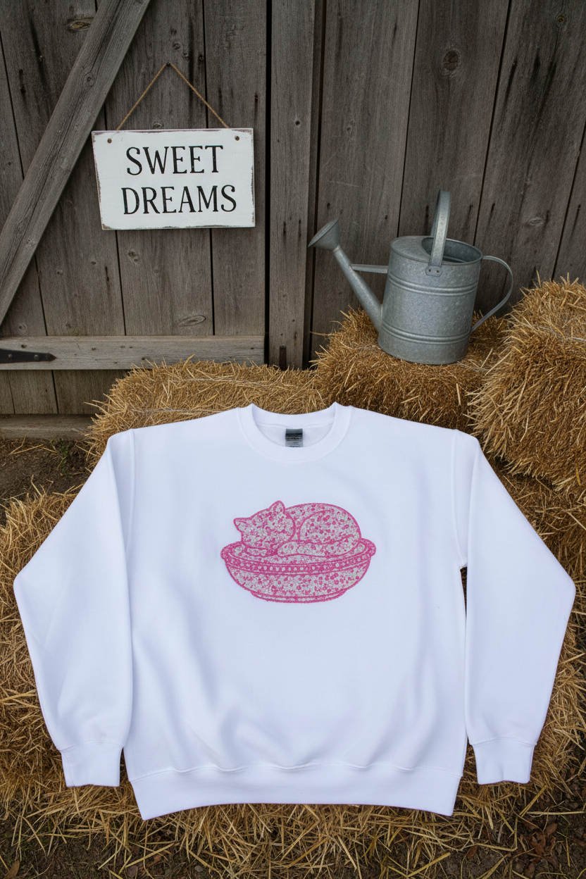 Vintage Charm: Glass Cat on Nest Embroidered Sweatshirt