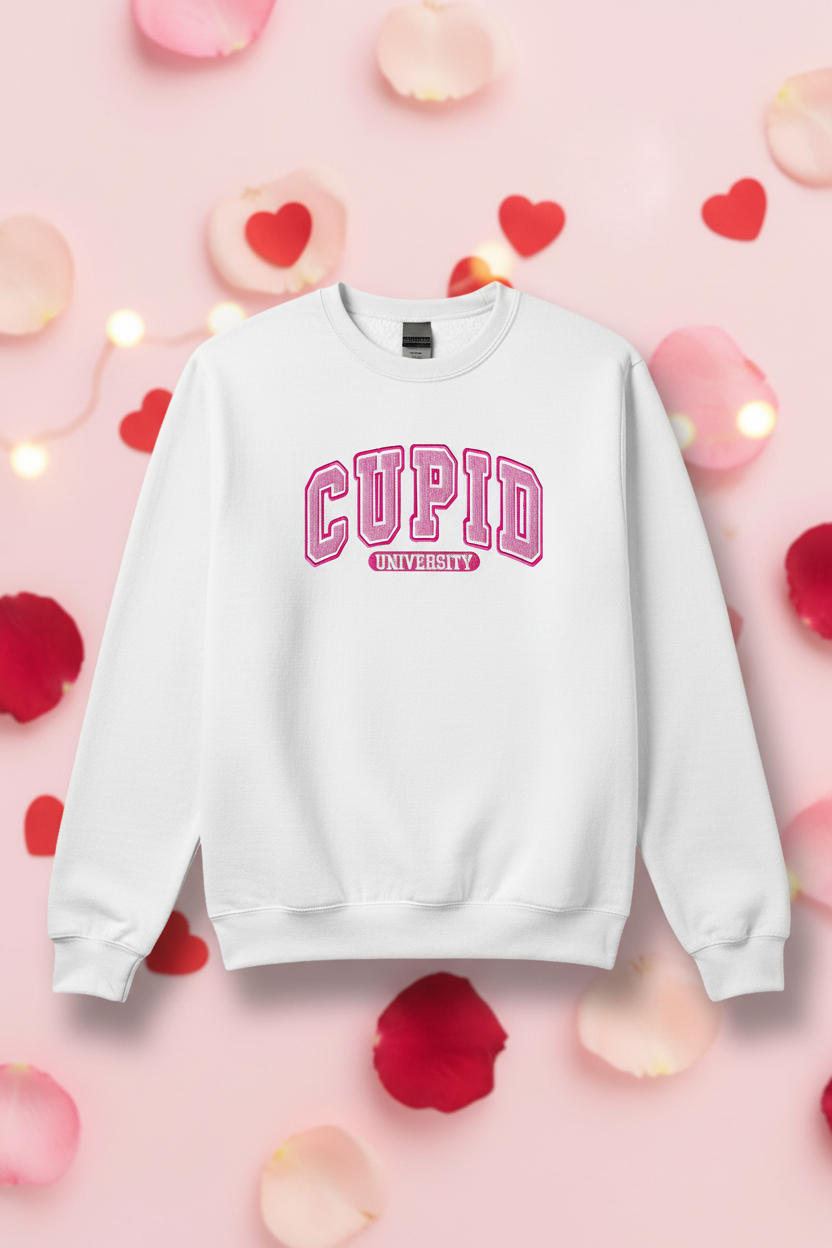 White Cupid University sweatshirt on Valentine's Day background