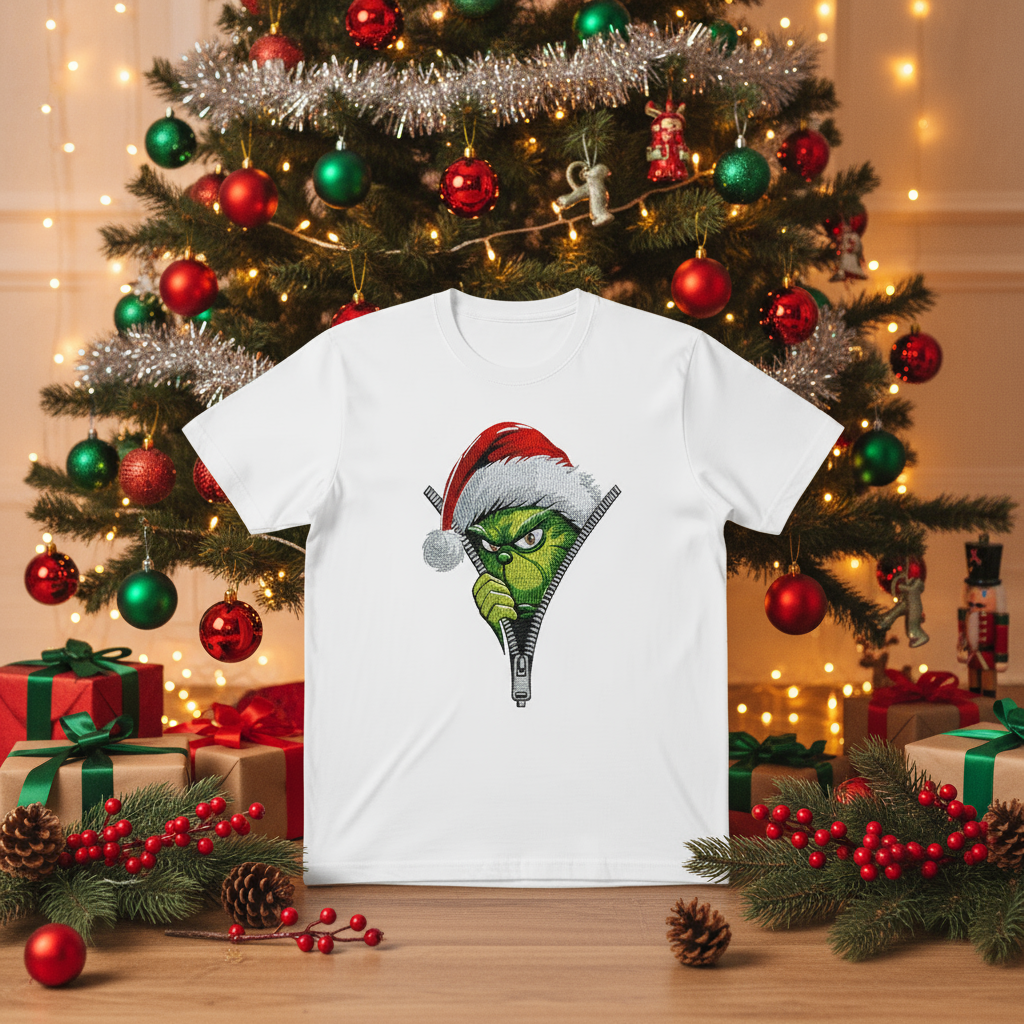Grinch Zipper Peaker Christmas Embroidered T-shirt