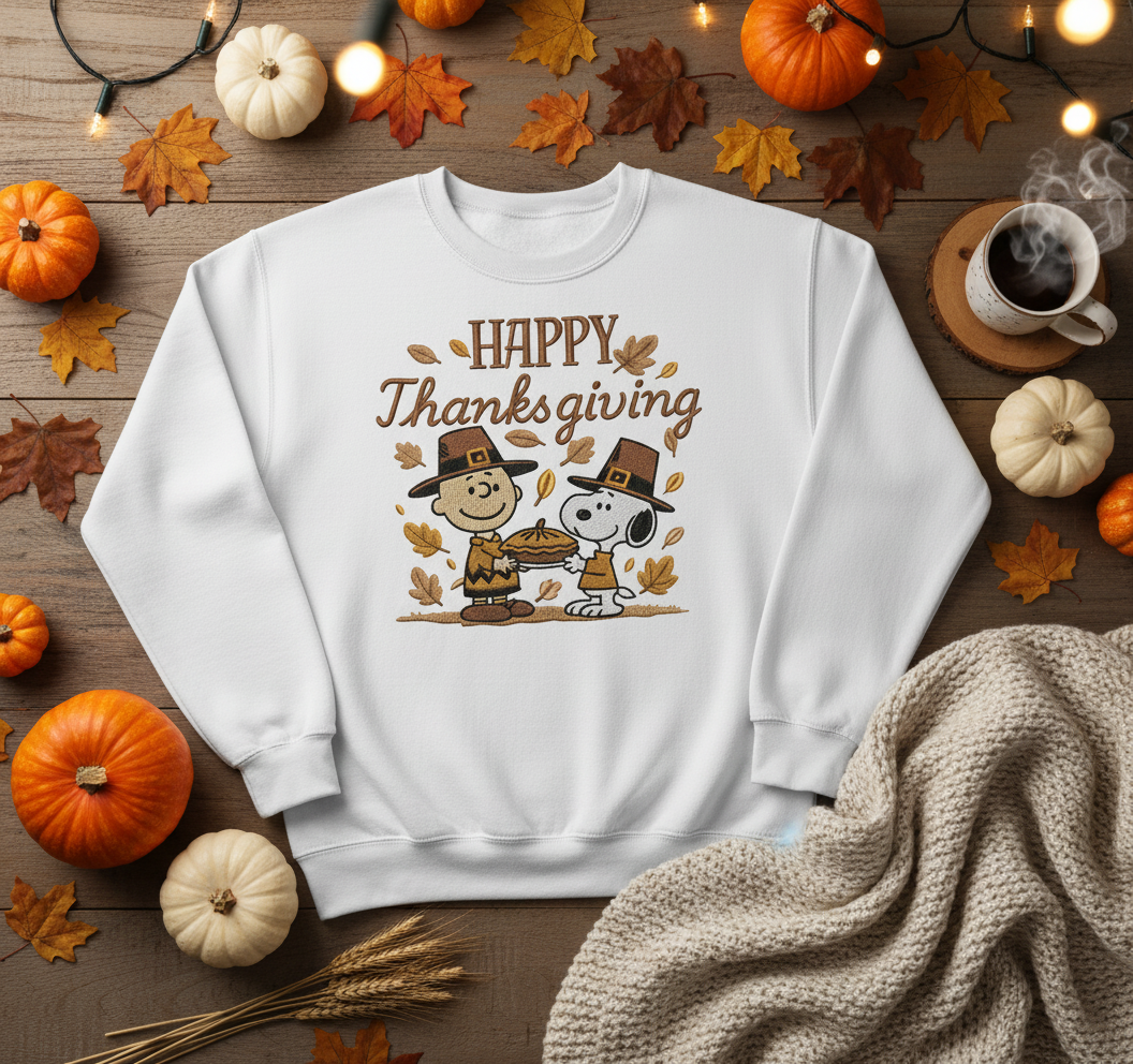 Happy Thanksgiving Embroidered Sweatshirt - Charlie Brown & Snoopy Pilgrim Design