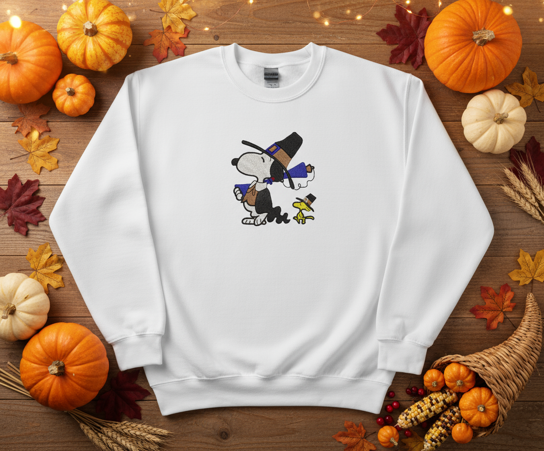 Snoopy and Woodstock Pilgrim Embroidered Thanksgiving Sweatshirt - White