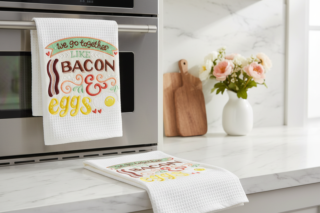 White waffle weave kitchen towels both with Bacon and Eggs embroidery design
