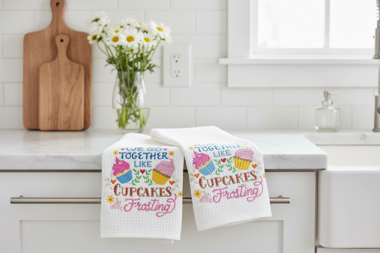 White waffle weave kitchen towels with Cupcakes and Frosting embroidery design