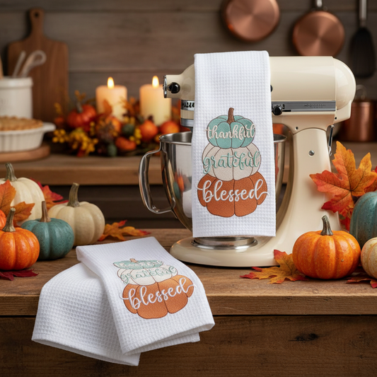 Thankful Grateful Blessed Kitchen Towels - Embroidered Pumpkin Design (Set of 2)